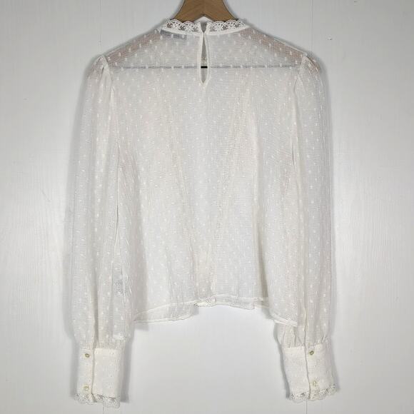 Zara Women’s M White Sheer Polka Dot Lace Ruffle Long Sleeve Blouse Boho Cottage - Picture 2 of 11